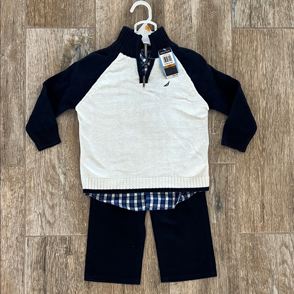 Nautica 3T boy's 3-pc set quarter-zip sweater,plaid button-down shirt, pants-NWT